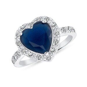 Sterling Silver 925 Rhodium Plated Blue Cubic Zirconia Heart Ring
